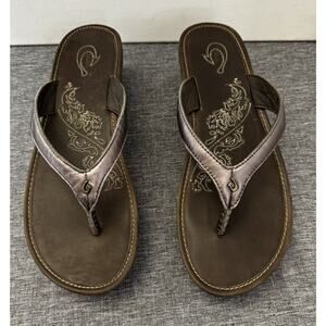 Olukai women's brown leather Paniolo wedge thong sandals size 8 Flip Flops